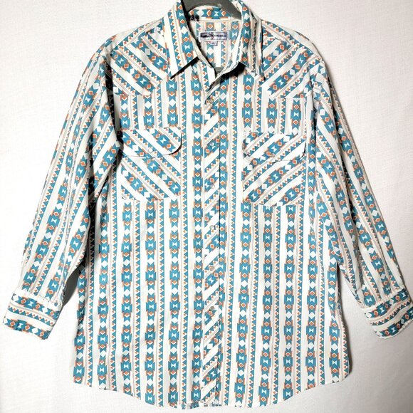 Diamond A Ranchwear Mens Long Sleeve Shirt Sz L Pearl Snaps Blue Orange White - Picture 1 of 9
